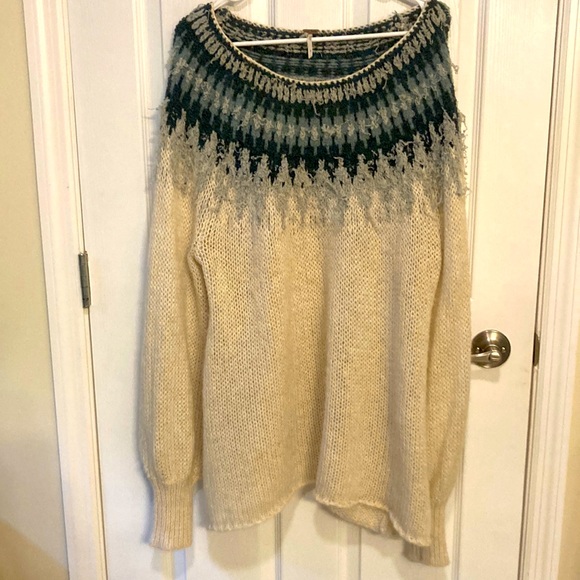 Free People Sweaters - Free People Green Cream White Tunic Sweater Hippie Oversized Sweater Fall Large